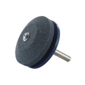 Affûteur pour lame de tondeuse avec meule abrasive et guide en nylon bleu, compatible perceuse.