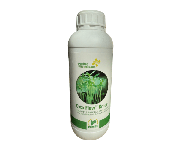Cyto Flow Green, un engrais proactif pour gazon, enrichi en ACIDES AMINÉS, magnésium, et oligo-éléments pour une pelouse dense, saine et verte toute l'année.