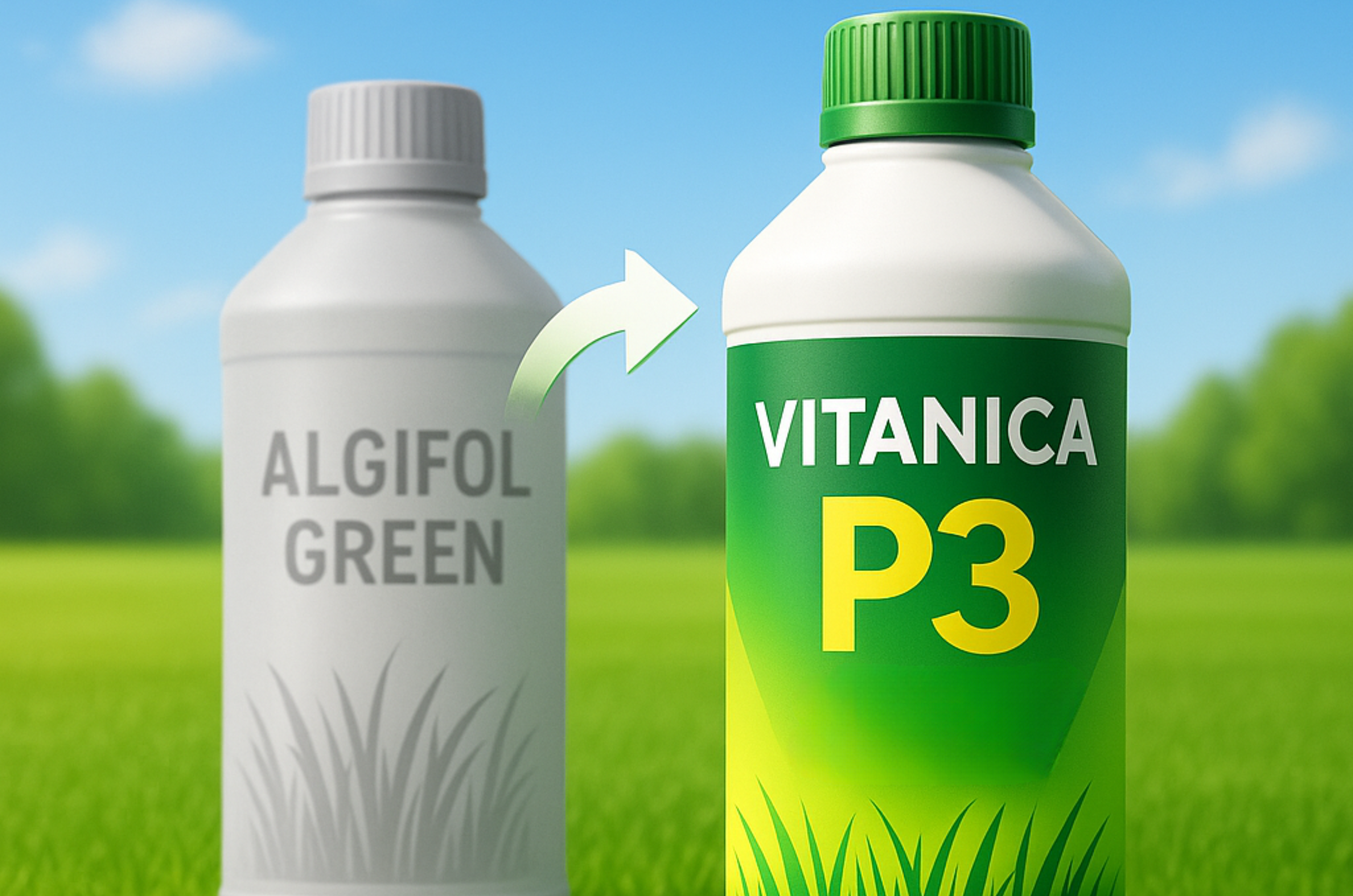 Bouteille grisée “Algifol Green” en retrait sur une pelouse verte et dense, flèche subtile pointant vers la bouteille colorée “Vitanica P3” au premier plan, symbolisant la transition vers un fertilisant de nouvelle génération.