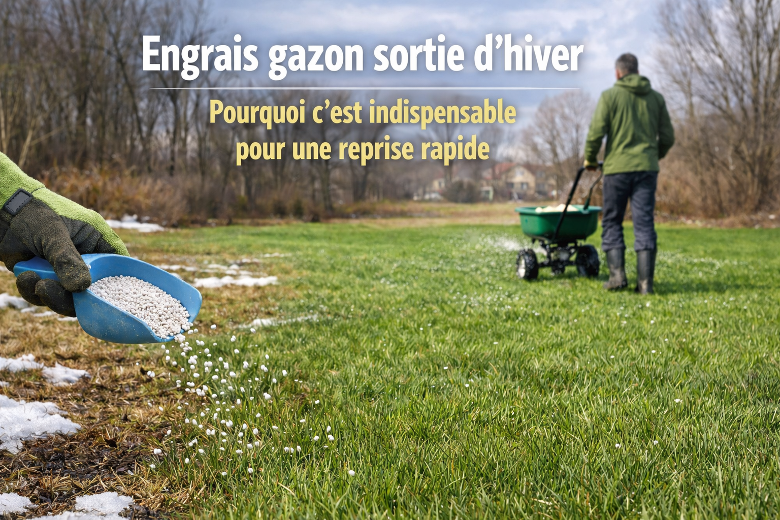 Application d’un engrais gazon de sortie d’hiver avec un épandeur sur une pelouse au printemps pour accélérer le verdissement et densifier le gazon.