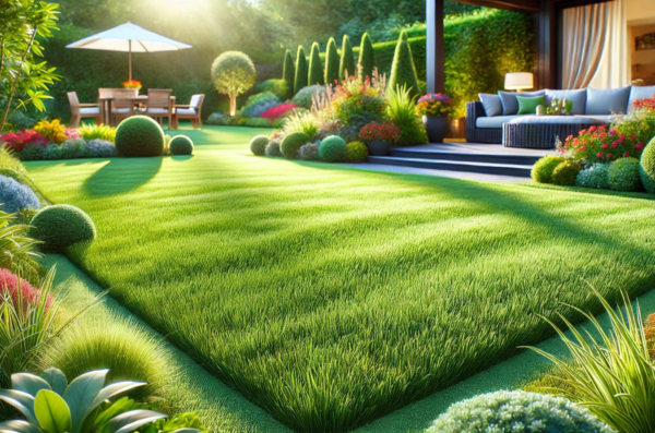 Un gazon magnifique dans un jardin parfait. 