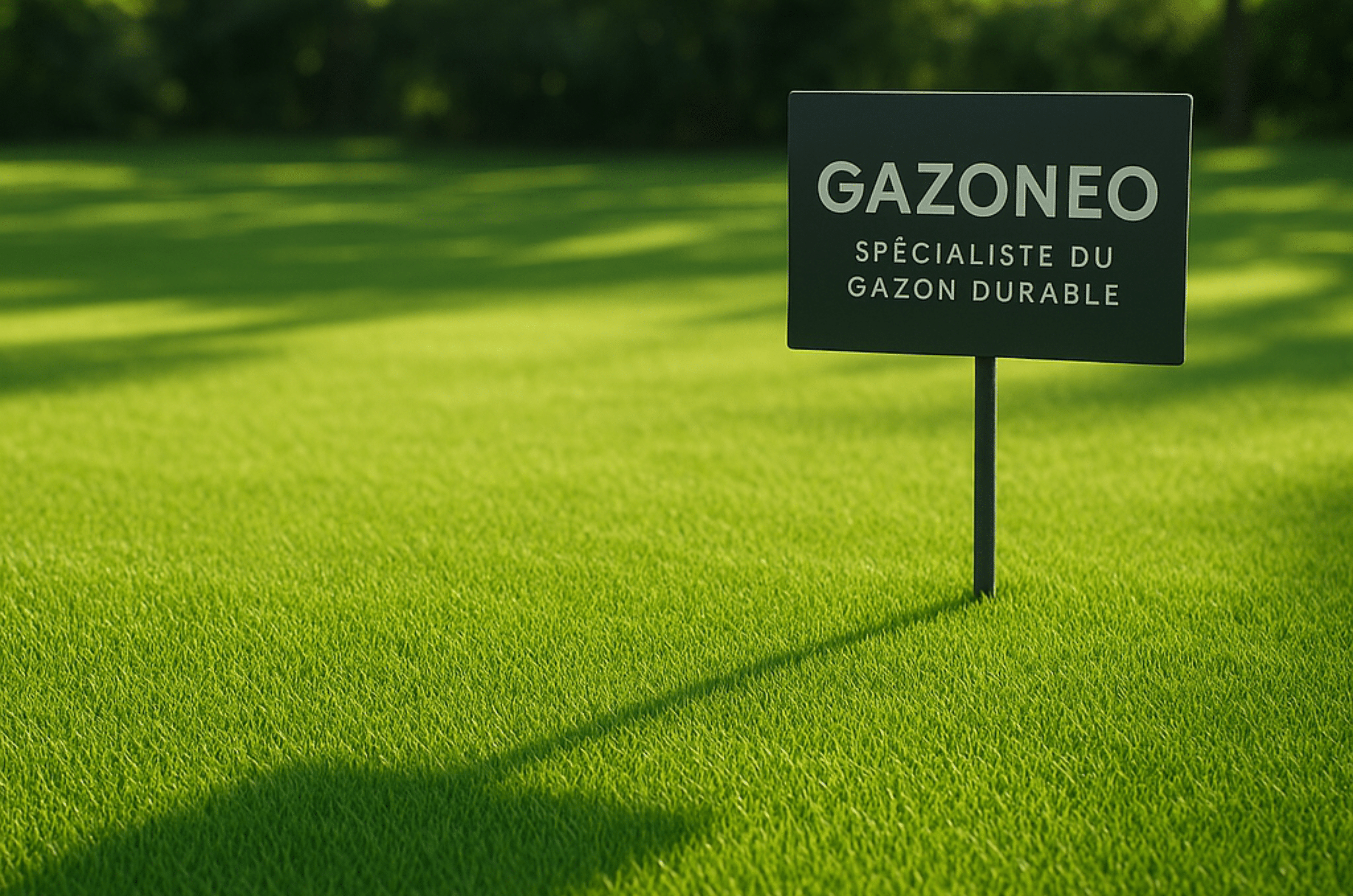 Pelouse verte, dense et uniforme obtenue grâce aux solutions Gazoneo.fr, spécialiste du gazon durable pour professionnels et particuliers.