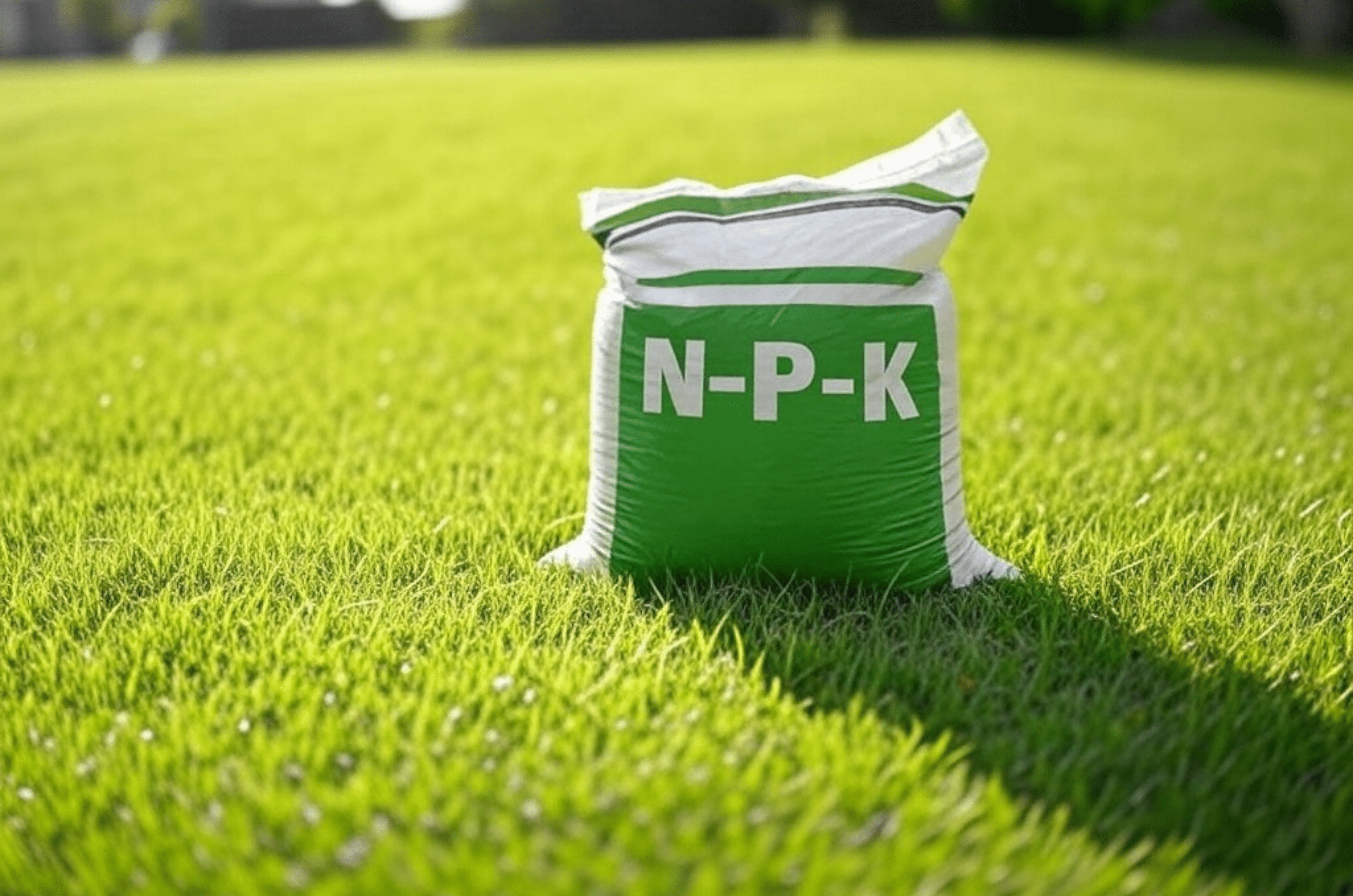 Sac d'engrais gazon NPK sur une pelouse, symbolisant l'apport d'azote, phosphore et potassium pour un gazon sain et luxuriant toute l'année.
