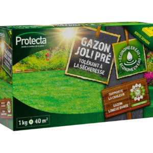 Boîte de semence de gazon 'Joli Pré', montrant des graines résistantes à la sécheresse dans un emballage vert attrayant, prêtes pour le semis. Boite de 1kg.
