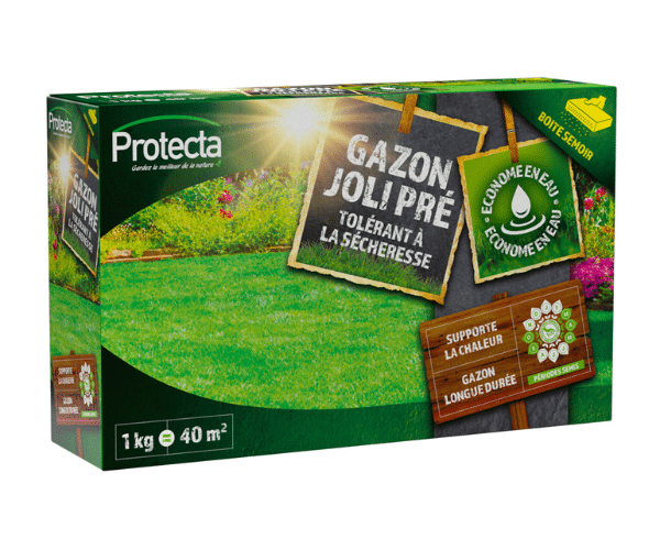 Boîte de semence de gazon 'Joli Pré', montrant des graines résistantes à la sécheresse dans un emballage vert attrayant, prêtes pour le semis. Boite de 1kg.