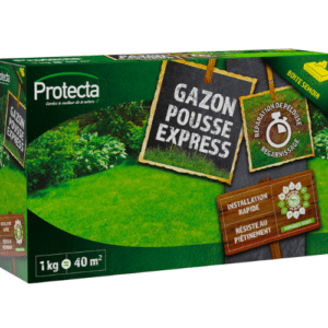 Gazon Pousse Express, pelouse dense et verte, croissance rapide, résistance au piétinement.