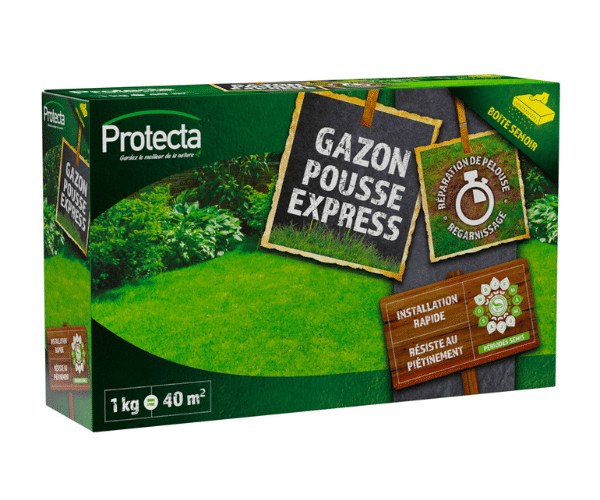 Gazon Pousse Express, pelouse dense et verte, croissance rapide, résistance au piétinement.