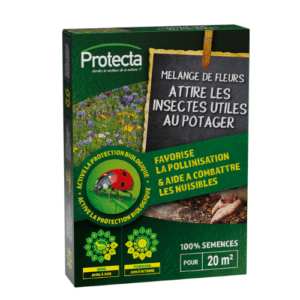 Boîte de 50g de Mélange de Fleurs pour Potager, incluant des fleurs vivaces et annuelles colorées, et des herbes aromatiques, conçu pour attirer les insectes bénéfiques et favoriser un écosystème sain.