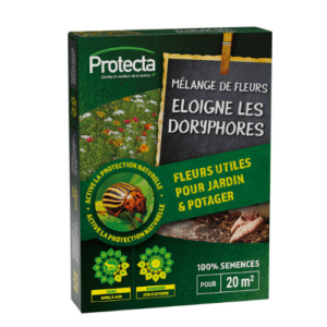 Boîte 50gr de Semence Mélange de Fleurs Bio pour repousser les doryphores dans un potager, montrant des fleurs variées et colorées.