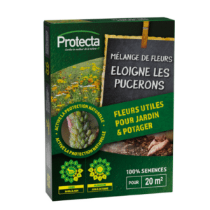 Boîte de semences Mélange de Fleurs Éloigne les Pucerons sur fond de jardin fleuri, illustrant la beauté et l'efficacité du produit. Boite de 50gr pour couvrir 20m².