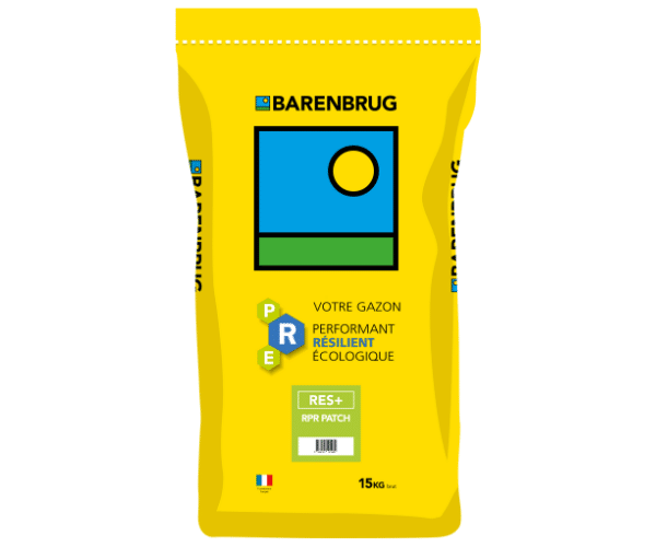 Emballage du RES+ RPR PATCH de Barenbrug, mettant en avant les mots 'Semences gazon Barenbrug rebouche trous', avec des illustrations de gazon dense et sain, dominé par des couleurs vertes.